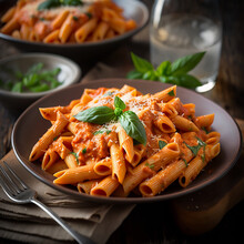 Penne Alla Vodka: A Pasta Dish That Combines Penne Noodles With A Creamy Tomato Sauce Made With Vodka, Heavy Cream, And Crushed Red Pepper Flakes.