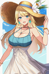 Wall Mural - Sexy anime girl with big breasts on vacation in summer. Cartoon style. Generative AI