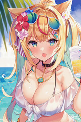 Wall Mural - Sexy anime girl with big breasts on beach in summer on vacation. Manga style. Generative AI