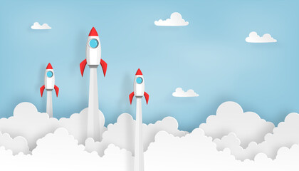 Wall Mural - paper art of space rocket launch to the sky in startup concept of business or project. vector illustrator