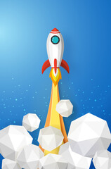 Wall Mural - rockets launch into the blue sky and clouds on background. Illustration paper art and 3D concept