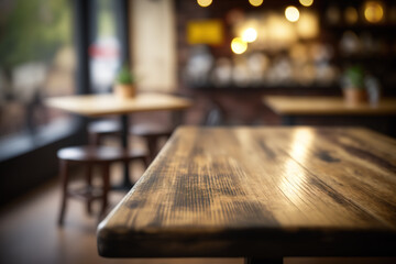 Wall Mural - Wooden table in front of abstract blurred coffee shop background. Created with Generative AI Technology