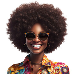 portrait of happy woman african american with an afro hairstyle smiling and wear sunglasses, isolate