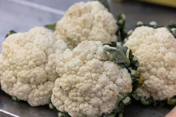 Cauliflower grows in organic soil in the garden on the vegetable area. Cauliflower head in natural conditions, close-up