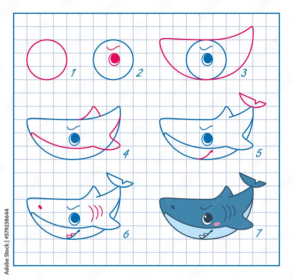 How to draw a shark. Step by step drawing lesson for kids. Cartoon ...