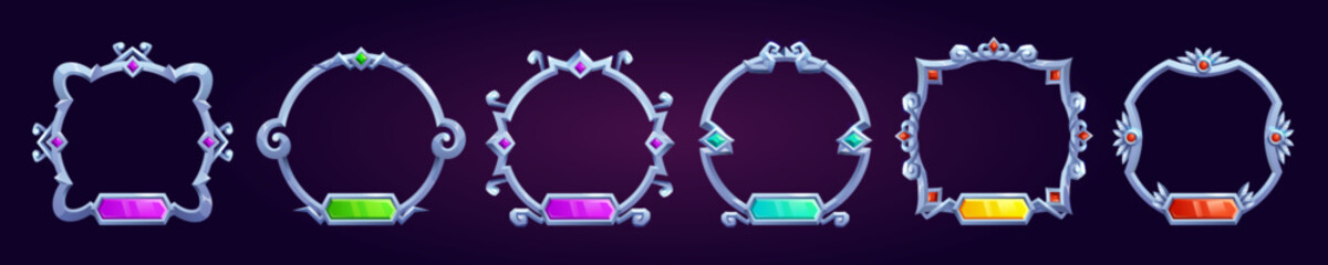 Circle fantasy game user avatar border set for rpg game. Silver medieval ui frame in vector for winner icon design on dark background. Ancient ornament rank gui asset for name title template.