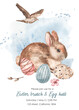 Watercolor easter card easter brunch and egg hunt with cute bunny, eggs, lark, flower. Happy easter greeting card