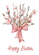 Watercolor Easter greeting card with a bouquet of flowers, twigs, willows, buds. Happy easter
