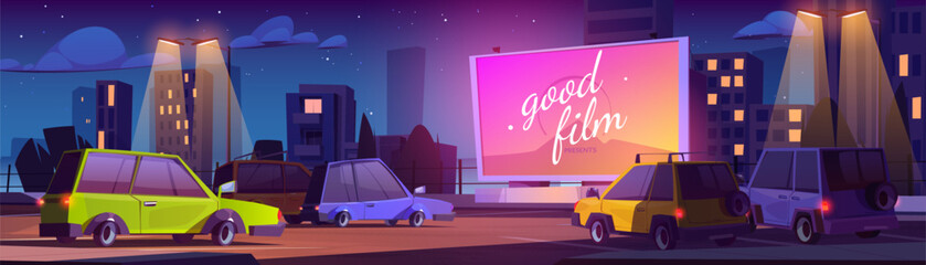 Outdoor drive-in cinema screen at night. Movie in car on parking cartoon vector illustration. Retro scene with open air film festival. Outside entertainment event for automobile to watch performance.