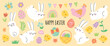 Happy Easter comic element vector set. Cute hand drawn rabbit, chicken, easter egg, spring flowers, leaf branch, butterfly. Collection of doodle animal and adorable design for decorative, card, kids.