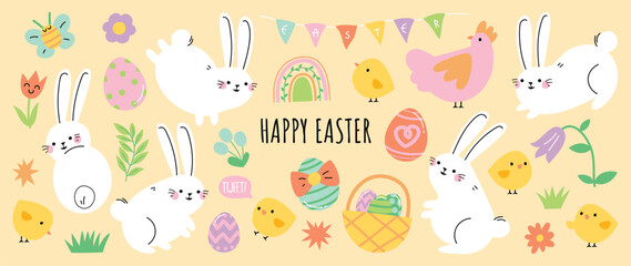 happy easter comic element vector set. cute hand drawn rabbit, chicken, easter egg, spring flowers, 