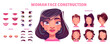 © klyaksun - Woman face avatar construction vector set. Create female game character with mouth, nose, hair and eyes. Girl constructor kit illustration. Pretty brunette lady diy icon pack with custom element.