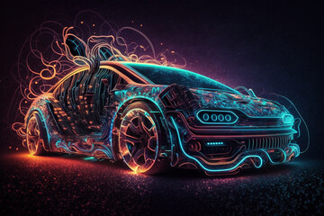 Wall Mural - Abstract artificial intelligence (AI) and futuristic cyberspace car technology concept in HUD style. Car infographic UI made with Generative AI