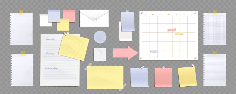 paper notes, notebook pages, stickers and envelope. school or office mockup with blank paper sheets 
