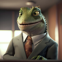 Poster - Iguana using formal suite as a Boss in Company at Office. Generative AI