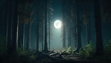Moonlit Forest With Tall Trees Digital Art Illustration, Generative AI