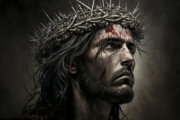 Wall Mural - Jesus Christ with Crown of Thorns. Easter, Crucification or Resurrection concept. He is Risen. Religious. easter and good friday. Savior of mankind