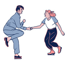 Two Happy Swing Dancers Dancing Holding Hands - Smiling Redhead Woman In Casual Clothes And Man In Blue Suit  -isolated  Transparent Background Png Clipart - Retro Character Illustration Art