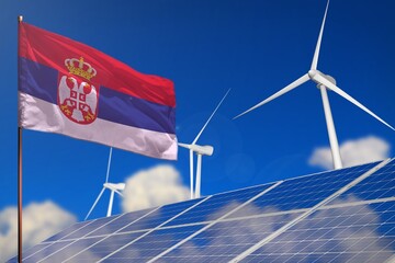 Wall Mural - Serbia renewable energy, wind and solar energy concept with windmills and solar panels - renewable energy - industrial illustration, 3D illustration