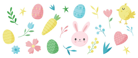 Happy Easter comic element vector set. Cute hand drawn rabbit, chick, easter egg, heart, spring flowers, leaf, carrot, star. Collection of doodle animal and adorable design for decorative, card, kids.