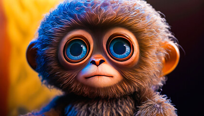 Close up of baby monkey with big blue eyes. Generative AI.