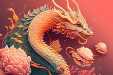 Generative AI Abstract Design Chinese New Year Cute Dragon With Spring Colors, Surreal Fantasy, Peach Flower., Generative AI