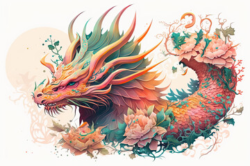 Generative AI abstract design chinese new year cute dragon with spring colors, surreal fantasy, peach flower., generative AI