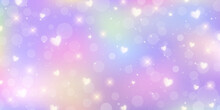 Pastel Hearts Background. Rainbow Unicorn Wallpaper For Valentine Day. Magic Fantasy Girly Gradient. Cartoon Vector Romantic Illustration