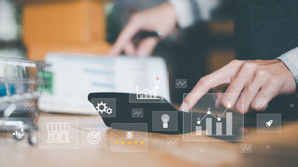 Aufkleber - small entrepreneurs calculating figures in company financial documents with a calculator,analysis of company financial data,Planning to assess and review budgets,concept of finance and investment