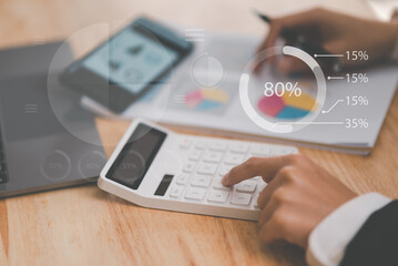 Aufkleber - small entrepreneurs calculating figures in company financial documents with a calculator,analysis of company financial data,Planning to assess and review budgets,concept of finance and investment