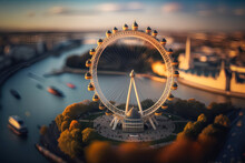 A Big Ferris Wheel  On Top Of A Bridge In The Middle Of Town In Sunset, Tilt Shift Photography