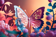 PAPER CUT ART Butterfly On Coloful Flowers. Generative AI