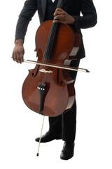 Wall Mural - Full length portrait of a african american musician in a black suit and bow-tie playing a cello isolated on white background