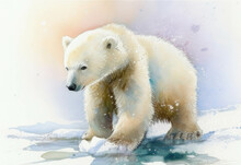 A Furry White Polar Bear Waddling Around In The Snow. Cute Creature. AI Generation.
