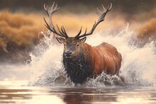 During The Rutting Season, A Male Red Deer (cervus Elaphus) Enjoys A Mud Bath. Generative AI
