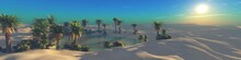 Oasis, Body Of Water With Palm Trees In The Sand Desert At Sunset, Palm Trees Over Water In The Dunes, 3d Rendering