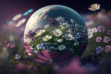 Generative AI Of A Globe Surrounded By Flowers In A Meadow