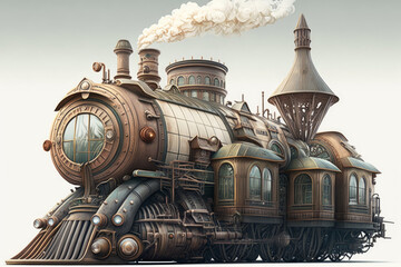 Wall Mural - Steam locomotive in the steampunk style. Generative AI