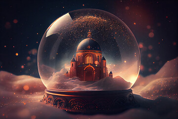 fairy castle inside crystal globe in winter time. generative ai