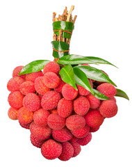 Wall Mural - Bunch of lychees with leaves on white background, Sweet lychees fruits with leaves on White PNG file.