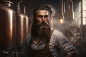 Wall Mural - bearded male brewer in interior of modern brewery factory. Generative AI