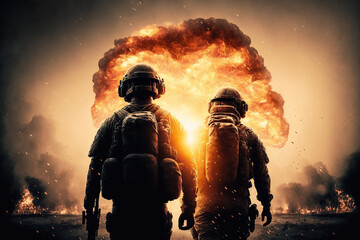backs of two soldiers in modern ammunition on battlefield in war with explosions. Generative AI