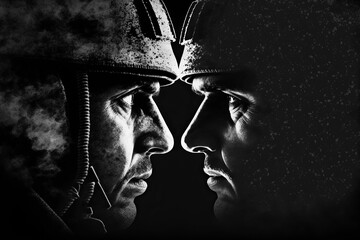 Wall Mural - two opposing soldiers in helmets and modern ammunition. Generative AI