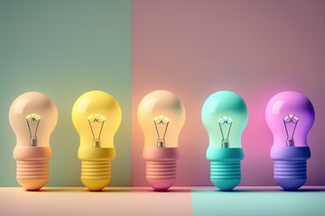Wall Mural - A variety of colored light bulbs in a row, each on a pastel background. Innovative thinking; original plan of action. Concept of achieving success. Generative AI