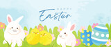 Fototapeta Pokój dzieciecy - Happy Easter watercolor element background vector. Hand painted cute white rabbit, easter eggs, chicks, grass, flowers, garden. Collection of adorable doodle design for decorative, card, kids, banner.
