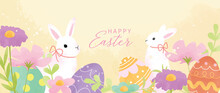 Happy Easter Watercolor Element Background Vector. Hand Painted Cute Rabbits, Easter Eggs, Spring Flowers And Leaf Branch. Collection Of Adorable Doodle Design For Decorative, Card, Kids, Banner.
