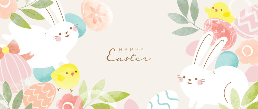 happy easter watercolor element background vector. hand painted cute white rabbit, easter eggs, chic