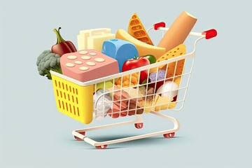 Poster - grocery basket clipart as an illustration. Cartoon style, isolated backdrop illustration of a grocery cart stocked with milk, veggies, bread, eggs, sausage, and cheese. Generative AI