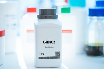 Poster - C4H8O2 ethyl acetate CAS  chemical substance in white plastic laboratory packaging