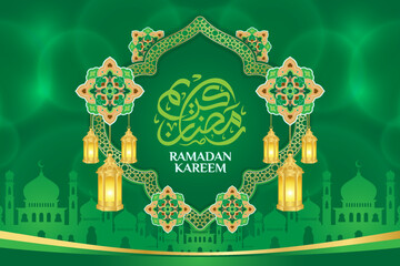 Wall Mural - Islamic ornament template for background, banner, poster, cover design, envelope, social media feed. Ramadan Kareem and eid mubarak 2023 concept, green background, muslim lantern, pattern